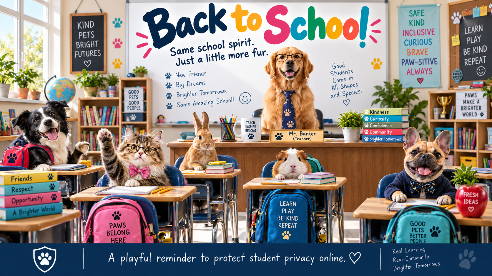 Fictional back-to-school marketing illustration with a dog teacher and animal classmates, showing school spirit without children's faces.